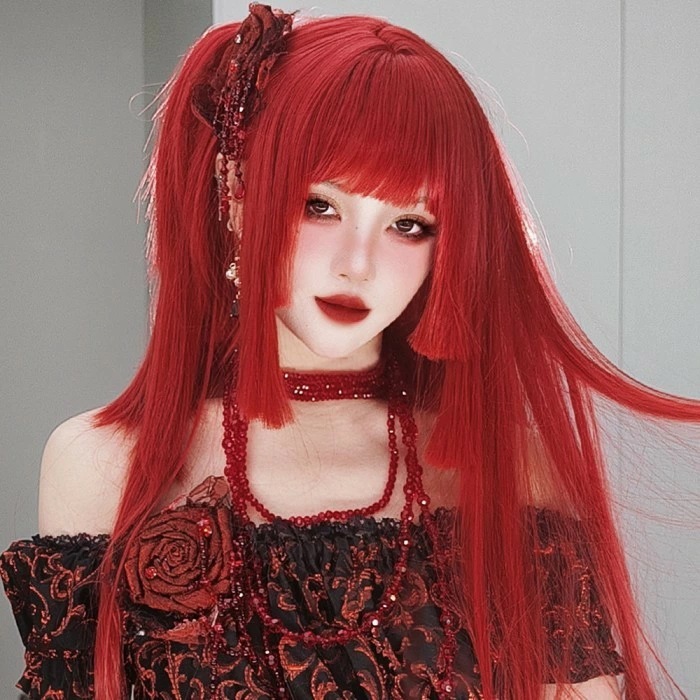 季節限定姫カット 中世の貴族風 ストレート レッド 赤髪 フルウィッグ かつら 女性 長髪 ロングウィッグ ロングヘア ロリータ lolita 前髪あり 自然 可愛い wig コスプレ 耐熱ウィッグ