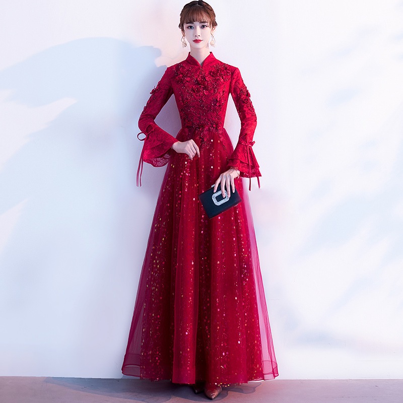 敬酒服花嫁モーニングドレス2025気質ロングワインレッド厚め結婚婚約宴敬酒イブニングドレス