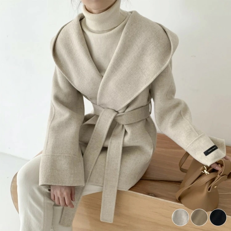 コート レディース ショート丈 アウター ショールカラー ガウン 秋 冬 秋冬 ポケット エレガント フード ベルト おしゃれ シンプル きれいめ