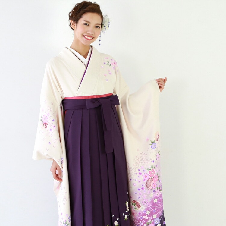 レンタル卒業式 袴 レンタル 女 袴セット 女 卒業式袴セット 正絹 振袖 着物＆袴 フルセットレンタル 安い 白地に紫ぼかし桜 ピンク クリーム
