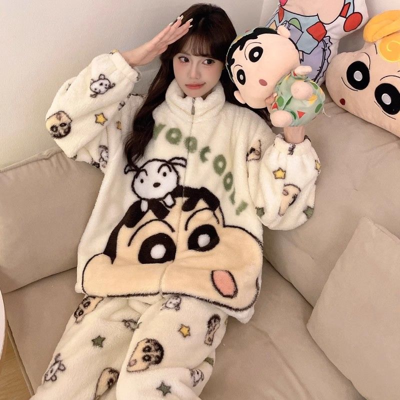 [送料無料]クレヨンしんちゃんかわいいアニメパジャマ女性のコーラルベルベット秋冬 2025 新しい肥厚ベルベット冬ジャケットホーム服セット