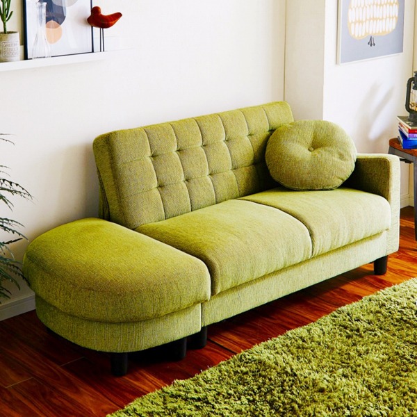 座面下収納庫付きコンパクトカウチソファー グリーン 幅約153cm