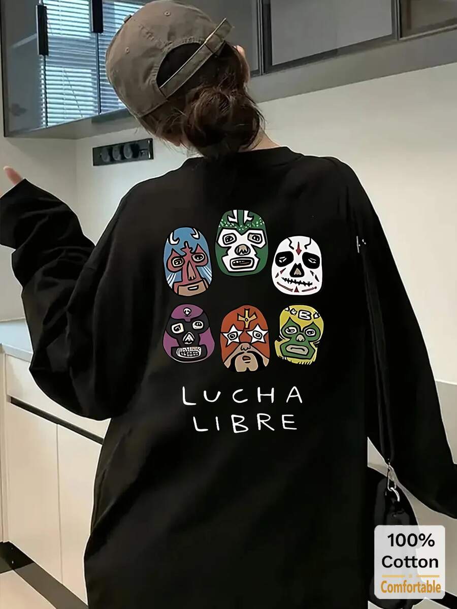四川オペラマスク柄 レディース ロングスリーブTシャツルーズフィット ミドル丈トップスブラック秋冬カジュアル春に最適なファッション