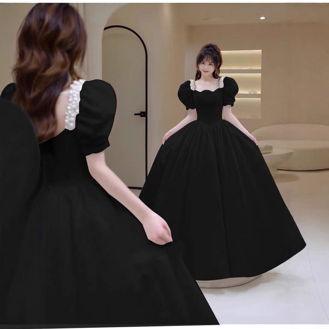 芸術系の大学受験用の高級黒のイブニングドレス上品なボーカルパフォーマンスドレス放送司会者ドレス成人式・盛大な宴会ドレス