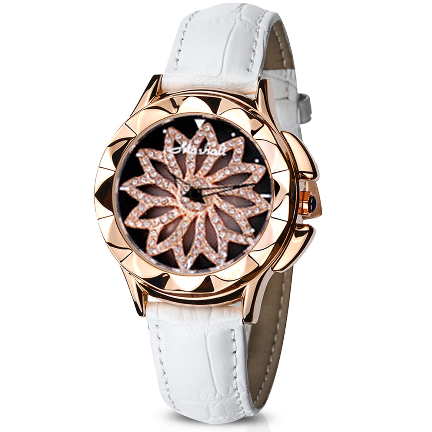 RORIOS 腕時計 レディース クォーツウォッチ アナログ表示 防水時計 ダイヤモンド 360度回転可能 可愛い レザーベルトタイプ ホワイト