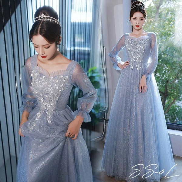 ドレス 大人 ピアノ 発表会 ロング丈 ぽっちゃり 大きいサイズ イブニングドレス 演奏会 ピアノ発表会 袖付き ワンピース Aライン ステージドレス 二次会 女子会 成人式 パーティードレス 大人可