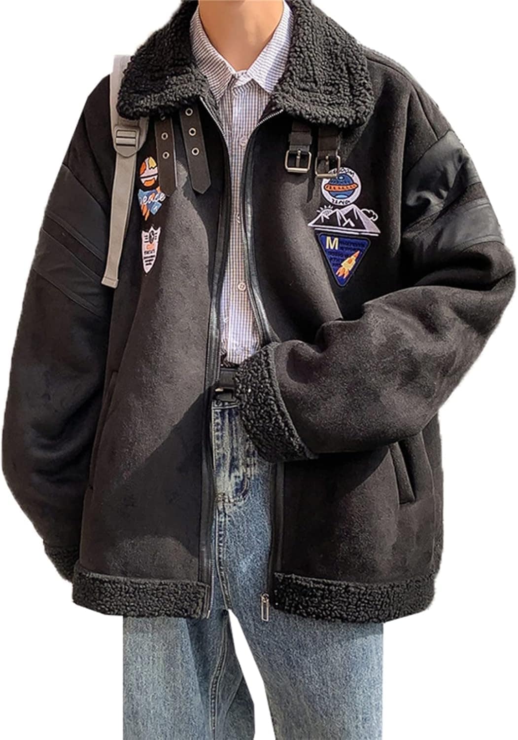 フルジップジャケット ハイネック フリース ボア メンズ ベルト襟 フライトジャケット 防寒服 ジャンパー ウインドブレーカー 厚手 ルーズ カジュアル 学生 秋 冬