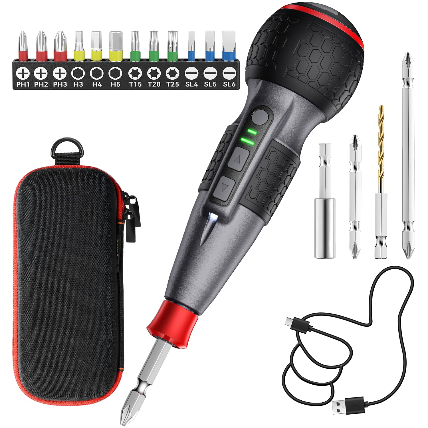 電動ドライバー 小型 電動6N.m 手動15N.m 【新登場・鬼トルク・軸ブレなし】 強力 16点ビット付き 収納ケース付き USB-C充電式 高輝度LEDライト 軽量 DIY 操作簡単 女性/初心者
