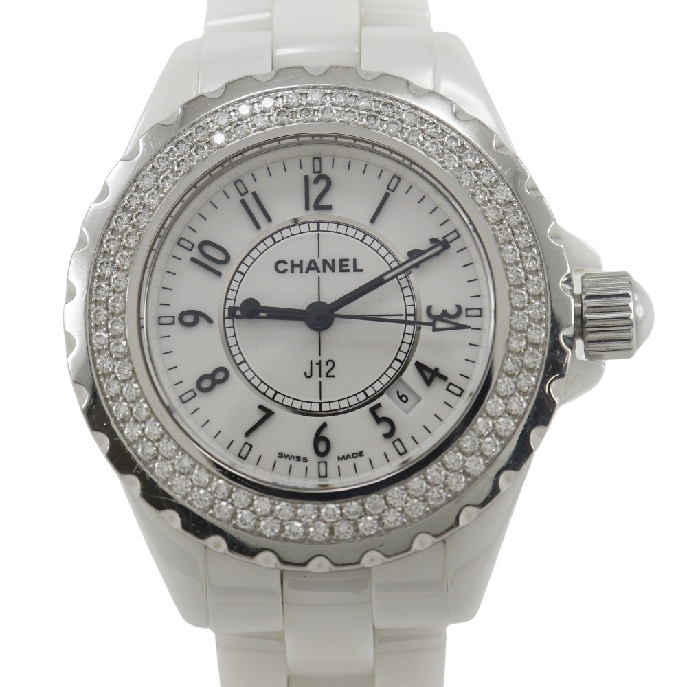 J12 ダイヤベゼル H0967 腕時計 セラミック ダイヤモンド クオーツ アナログ表示 レディース ホワイト文字盤 中古品 Aランク