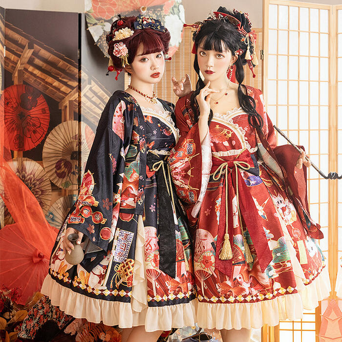 【急速出荷】和風ロリータ ワンピース 羽織 豪華セット コスプレ 衣装 着物 和ロリ レディース 花魁 おいらん 巫女 着物ドレス 膝丈 髪飾り ハロウィン ロリィタ lolita ジャンパースカート