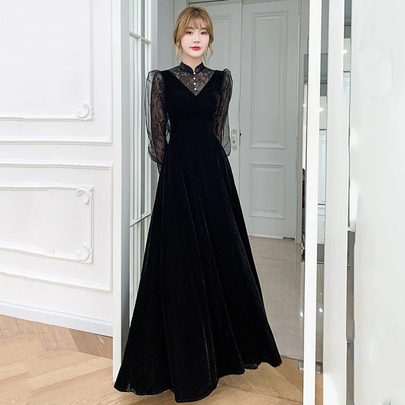 【急速出荷】無.料ブラックレースワンピースロングスタンドカラー透かし彫りドレス 演奏会 ウェディング 発表会 成人式 二次会 お呼ばれ