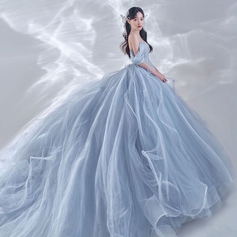 スタジオテーマのウェディング写真撮影韓版エルフスリーブと大きなスイングのカラフルなガーゼフォトドレス