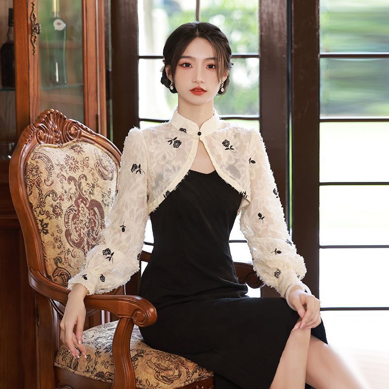 黒の新しいのチャイナ ドレス若いスタイル改善されたガーリーな気質秋と冬のツーピースの改善されたドレス長袖 母の日 母の日-0008821