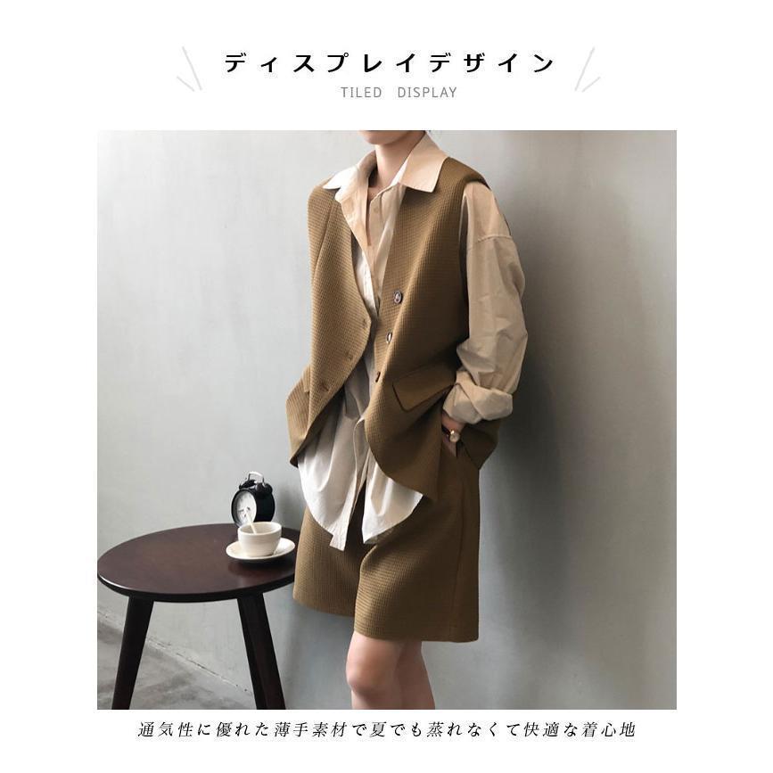ベスト レディース ショートパンツ 上下セット 2点 夏 ジレベスト 薄手 前開き ジレ ハーフパンツ セットアップ チョッキ 短パン ワイド