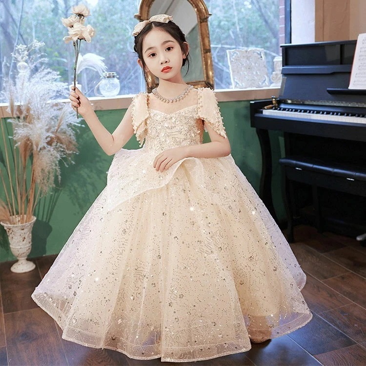 ピアノ発表会ドレス ロング 子供ドレス シャンパン色 スパンコール パール オシャレ キレイめ 女児ドレス 演奏会ドレス リボン 可愛い 女の子ドレス 入学式 卒業式 子どもドレス キッズドレス ジュ