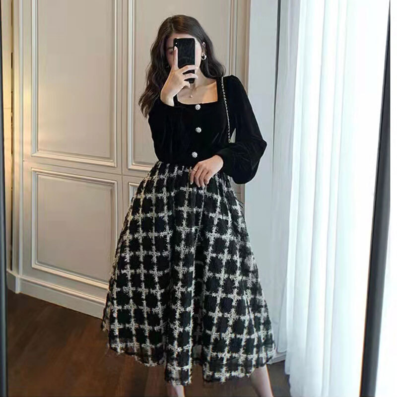 レディース チェック柄 ドッキング ワンピース ドレス スクエアネック ベルベット 長袖 バイカラー お呼ばれ フォーマル パーティー 大人可愛い ママコーデ ママファッション 韓国系 オルチャン 人 5,012円