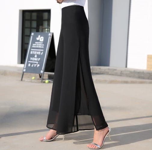 レディース ボトムス ロングパンツ 普通丈 ワイド フレア スリット ハイウエスト 薄手 きれいめ シンプル 上品 おしゃれ かっこいい こなれ感 ラフ 個性的 クール モダン 主役級 存在感