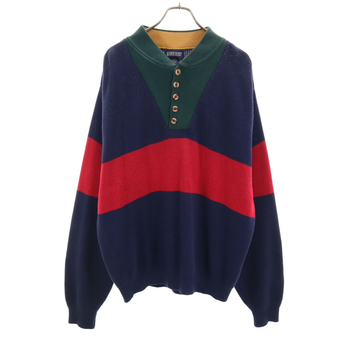 LANDS END ランズエンド 90s USA製 オールド 長袖 ヘンリーネック ニット XL ネイビー セーター メンズ 古着