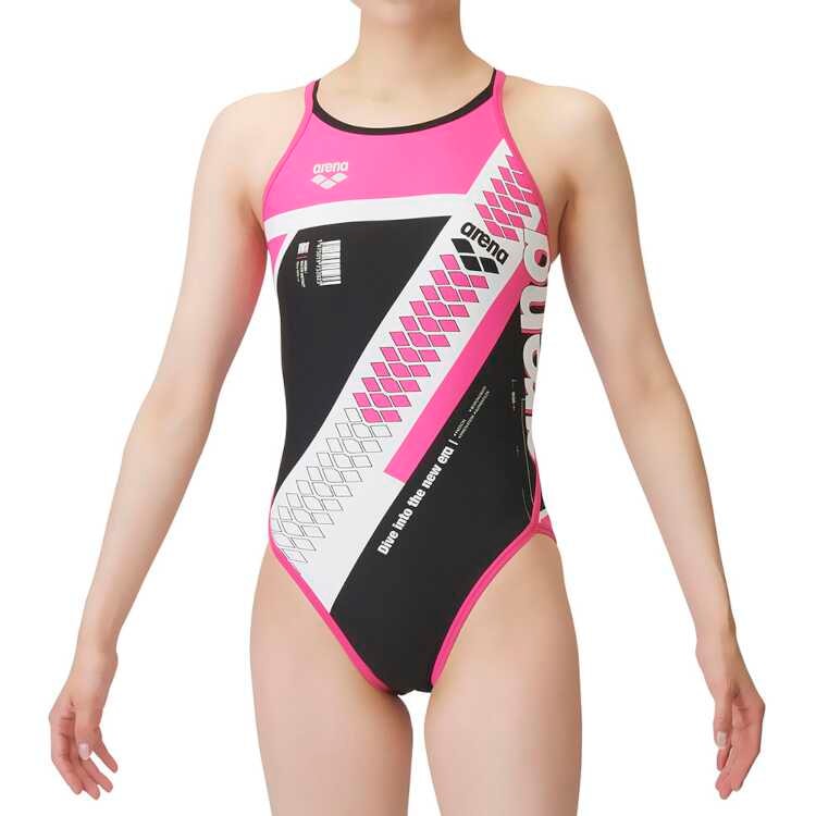 競泳水着 レディース トレーニングワンピース（オープンバック） M ブラック・レッド×ピンクK #FSA3612W-BKRD