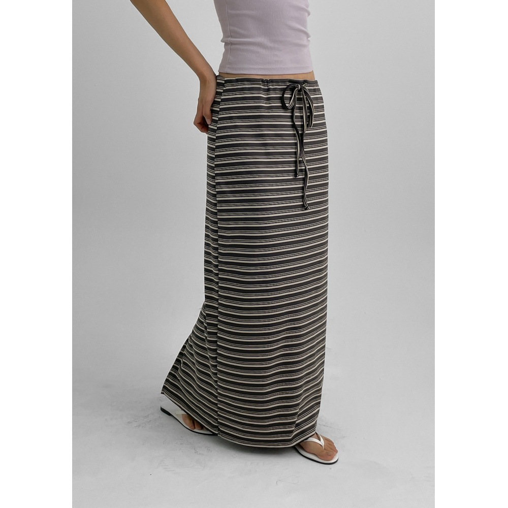 ブラックアップカムロットストライプバンディングロングスカート
