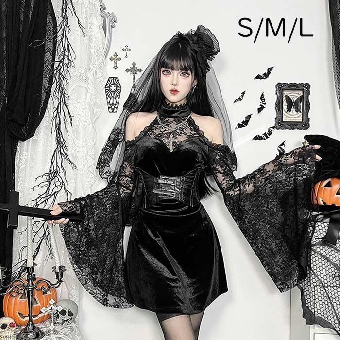 【一部分3日内出荷】ハロウィン ワンピース ゴシックレースウィッチコスプレワンピース レディース 中世風 ブラック ヴィンテージ ショート丈 セクシー ガールズドレス コスプレ衣装