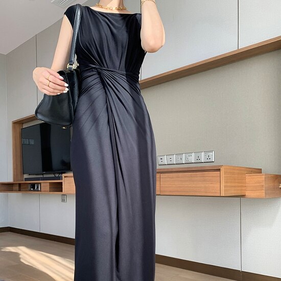 【取寄：納期2週間】ドレス レディース 半袖 お呼ばれ 半袖ドレス ロング丈 ワンピース ハイウエスト ドレス レディース ブラック ワンカラー シンプル デザイン かわいい おしゃれ きれいめ