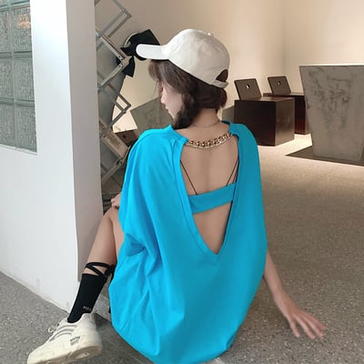 Tシャツ カットソー 白トップス ビッグT 袖あり 半袖 背中見せ カジュアル おしゃれ かっこいい アジアン ラフ スポーティー ルーズ 無地 夏 10代 20代 30代 40代 レディース 学生