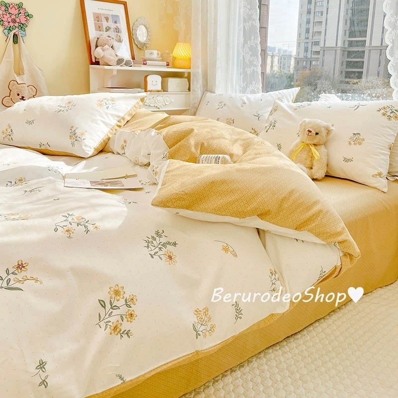 布団カバーセット白 イエロー 花柄 可愛い 綿100% 寝具カバーセット 3点セット 4点セット ベッド用品 掛け布団カバー ベージュ プリント花柄 韓国風 オシャレ 布団カバー 敷きカバー 寝室