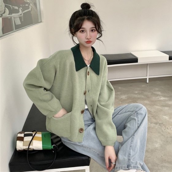 レトロ ジャケット バイカラー トップス アウター カーディガン 上着 ショート 袖あり 長袖 襟付き ワイド 前開き かわいい 大人可愛い シンプル おしゃれ レトロ こなれ感 ラフ ルーズ