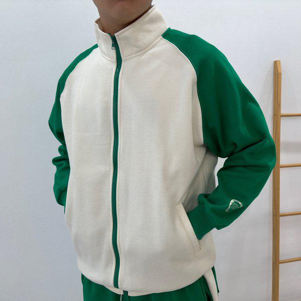 メンズ起毛ライン配色ハーフネックジップアップジャンパーBT-JUW-Q006-グリーン