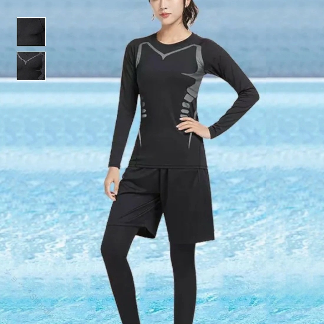 長袖ラッシュガード 水着 ハーフパンツ ブラック グレー 保湿 保温 シンプル ママ水着 リゾート 海 川 日焼け対策 体型カバー プール 海水浴 水遊び 紫外線対策 おしゃれ 動きやすい 速