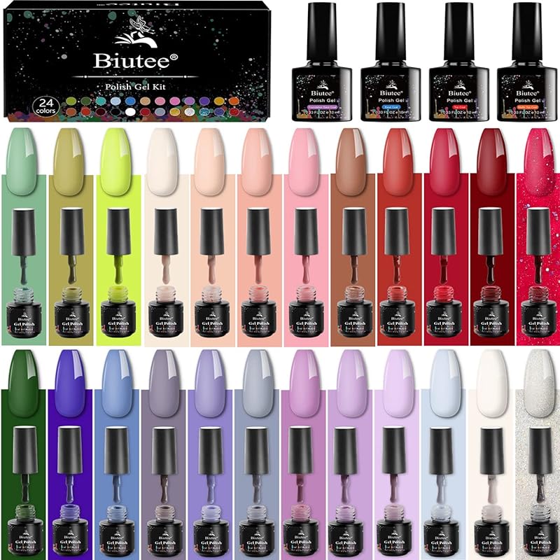 Biutee カラーネイルジェル 24色 ジェルネイル カラージェル 5ml 4本 ネイルベーストップコートつき ピンク 紫 青 UV/LED対応 サロン級セット セルフネイル 色持ち良