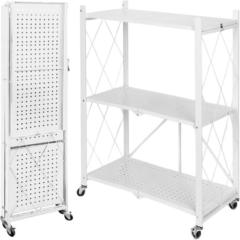 PakOne 折り畳みラック 折りたたみ 折り畳み メタルラック 収納ラック 折り畳み棚 オープンラック 折りたたみ式 360キャスター付き 組立簡単 移動便利 家庭用収納 キッチン 寝室 (ホワイ