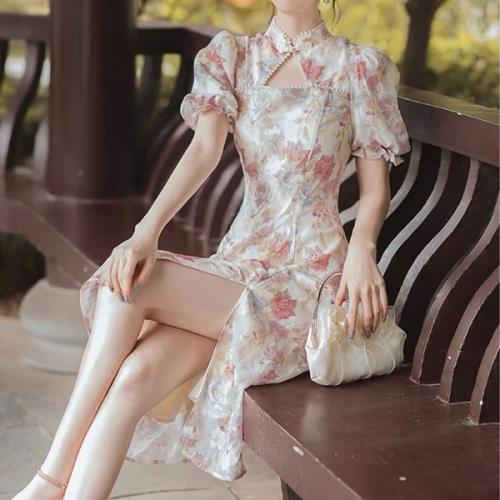 6月の新製品15日間のみ ワンピース チャイナドレス 花柄ワンピ 韓国 花柄 ハイネック 春 夏 長袖 ロング おしゃれ 可愛い パフスリーブ 二の腕カバー 刺繍 水彩 レトロ フェミニン パール