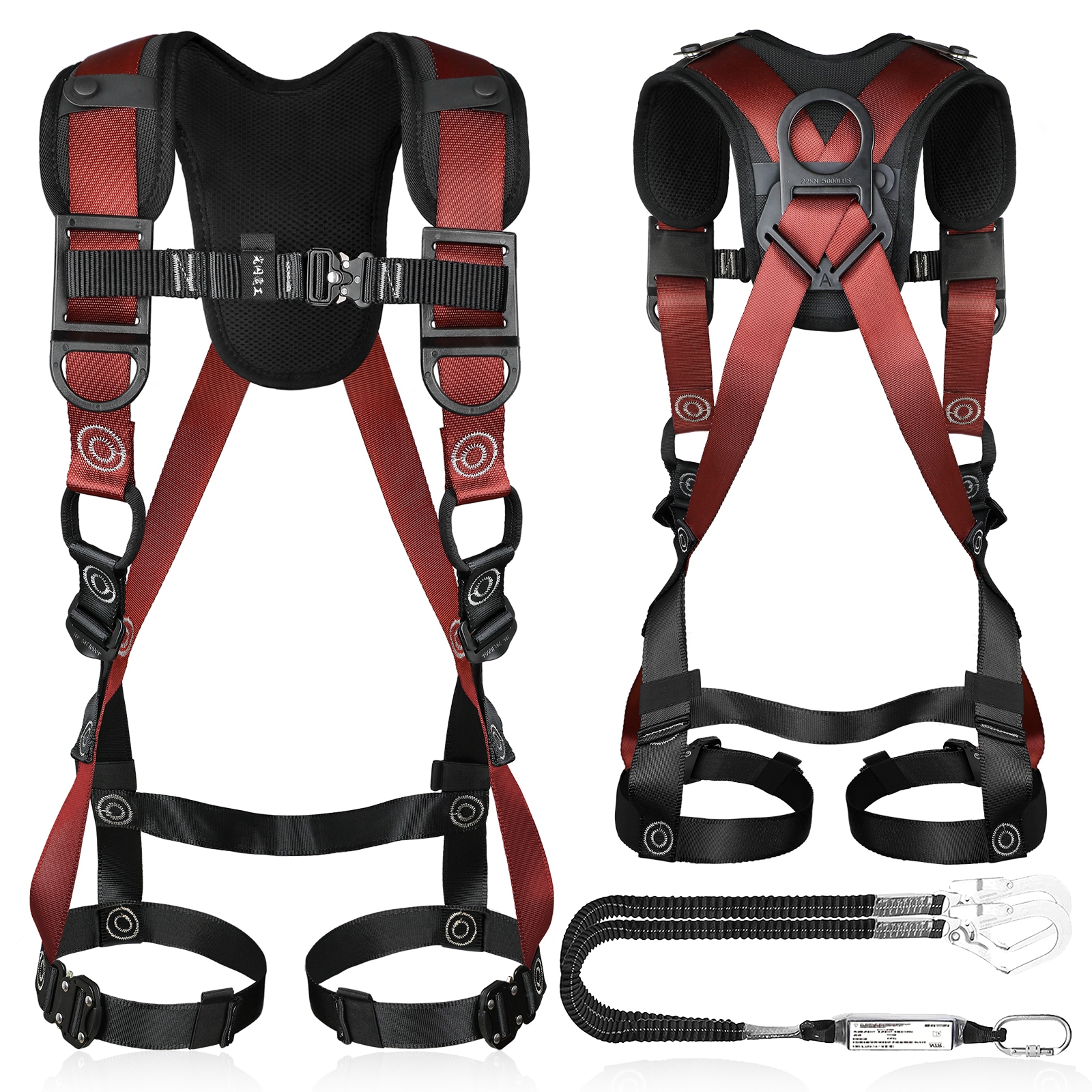 [光円電工] フルハーネス 安全帯 新規格 フルハーネス安全帯 2丁掛け 墜落制止用器具 ＆ 伸縮式ダブルランヤード ワンタッチバックル 肩パット付き 全方位保護フルハーネス 懸垂下降 安全確保 全身