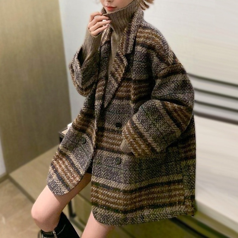 アウター レディース コート 2カラー S M L XL ブラウン 韓国 グリーン カラバリ ミドル丈コート Pコート ピーコート ドロップショルダー 裏地付き ボタン ダブルブレスト チェック柄