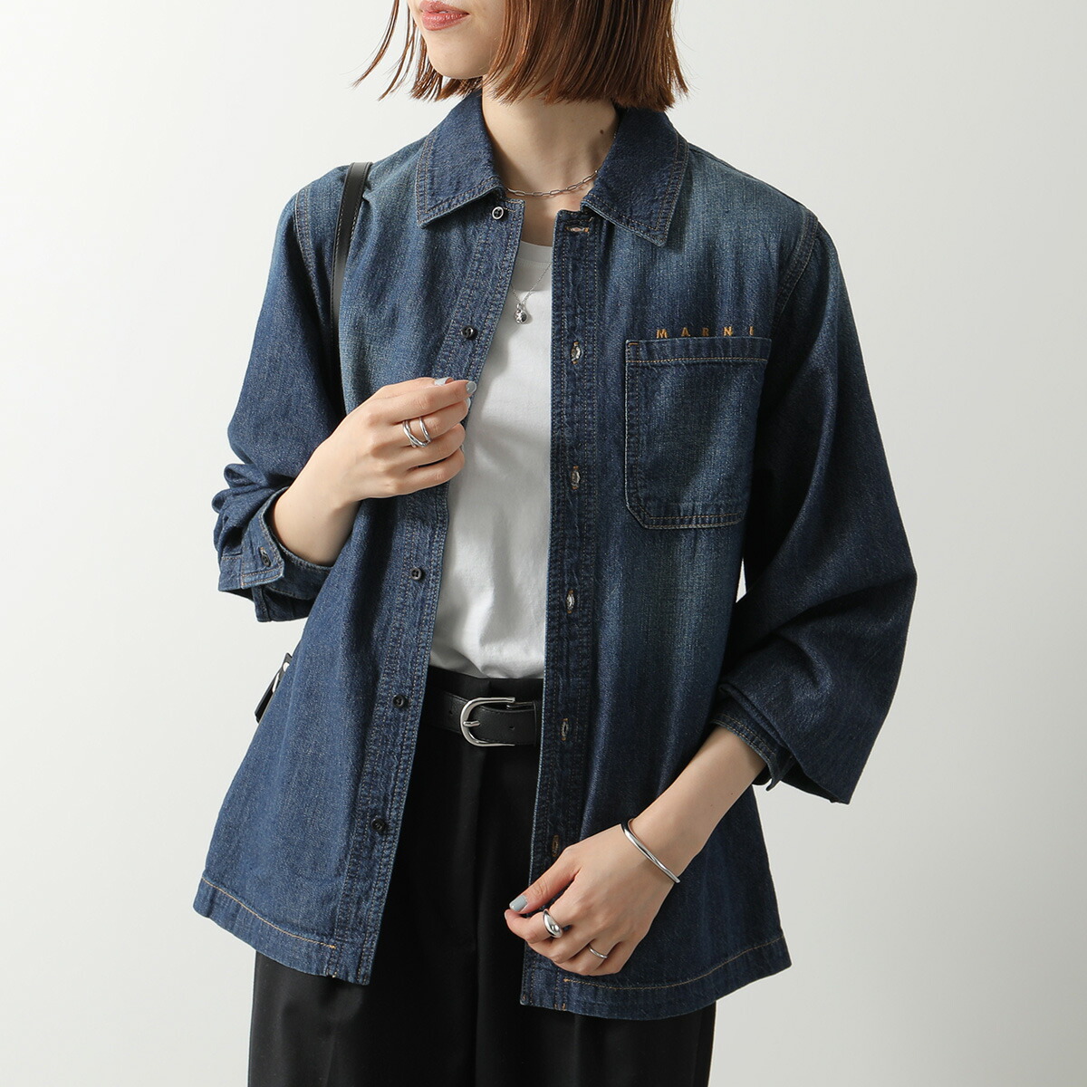 MARNI KIDS マルニ キッズ デニムシャツ M01581 M00VL レディース ガールズ 長袖シャツ トップス ロゴ刺繍 インディゴ 0M01