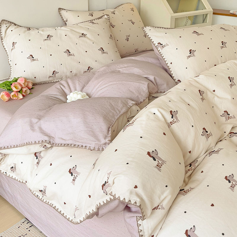 ins純綿ベッド上4点セット100綿二重ガーゼ布団カバーベッドシングル3点セット四季通用ベッド笠