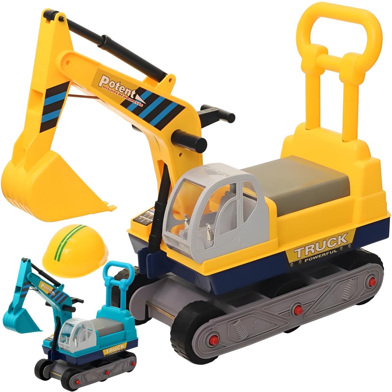 life_mart 子供用 足けり 乗用ショベルカー 乗用玩具 アーム駆動 ヘルメット付き 押して運べる取っ手付き (イエロー)