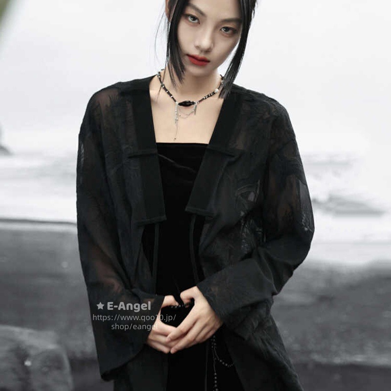 チャイナ風トップス シャツ カーディガン 鶴刺繍 黒色 レディース 長袖 透け感 アウター 改良唐装 着痩せ 紫外線対策 ブラック