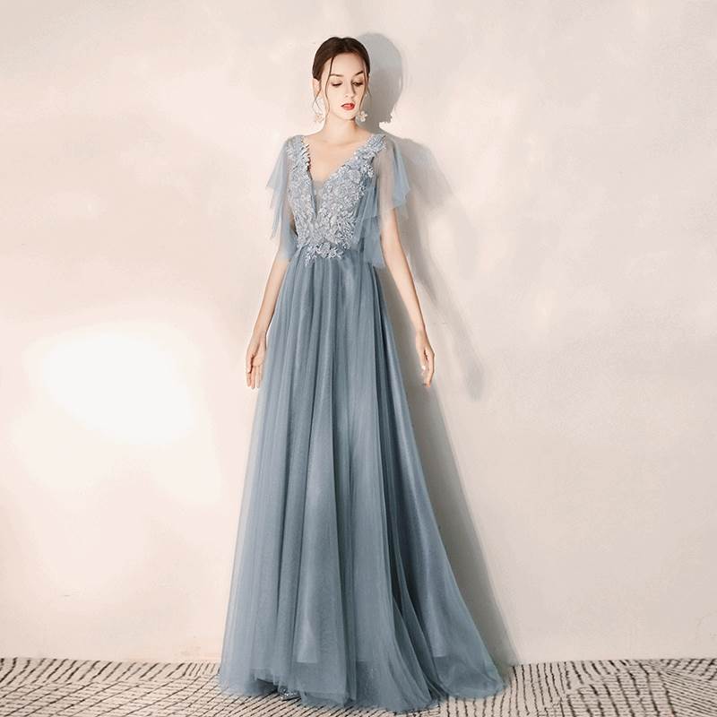 ロング ドレス パーティードレス 水色 袖あり きれいめ 個性的 透け感 結婚式 二次会 お呼ばれ フォーマル 演奏会 ピアノ 発表会 ドレス 大人 かっこいい 可愛い プリンセス 青 ブルー チュー