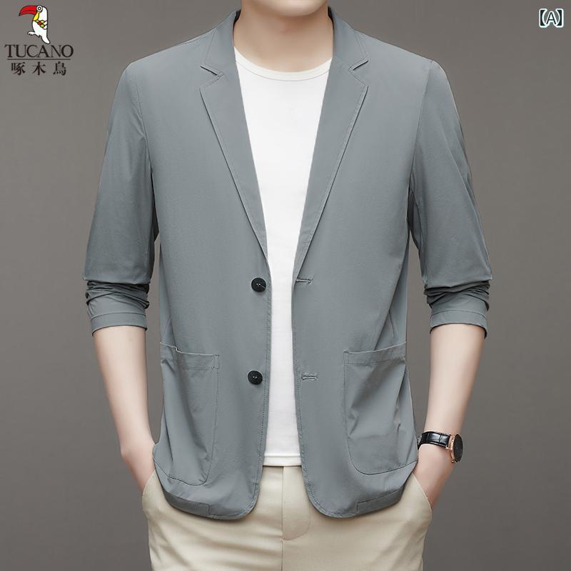 スーツ　ジャケット　カジュアル ウッドペッカー メンズスーツ 春秋 冷感 伸縮性 カジュアル ジャケット 日焼け防止 韓国 スリム ライト シングル スーツ
