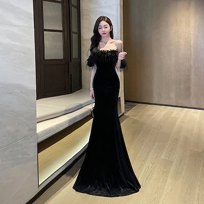 毛の毛の襟のセクシーな胸を拭いて包んで尻を引きずる女性の長いスカートの気質は背中を出して夜の場のドレスドレス車型会イブニングドレス