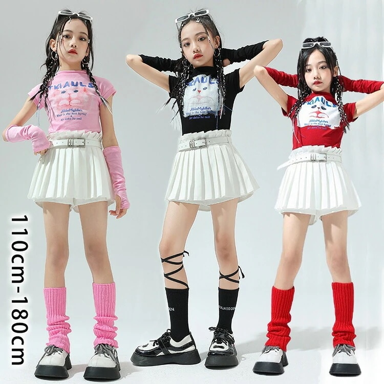 ピンク チアガール 女の子 チア 長袖 キッズダンス衣装 4点セットアップ ヒップホップ キッズ 韓国 キッズ ダンス 衣装 白 スカート ショート丈 スカート ハーフトップ タンクトップ ダンスウェ