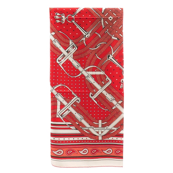 エルメス ストール カレ140 カレジェアン カシミヤ シルク ルージュ×ホワイト×ブラック 新品 未使用 【Mors a Jouets Bandana/馬銜 バンダナ】 【箱】【中古】