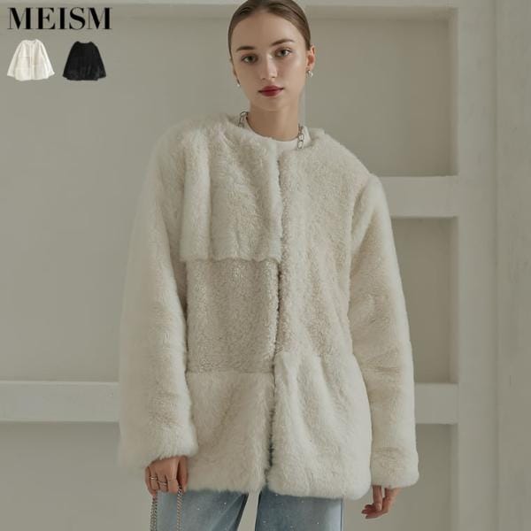 パッチワークボアファーノーカラーミドルコート