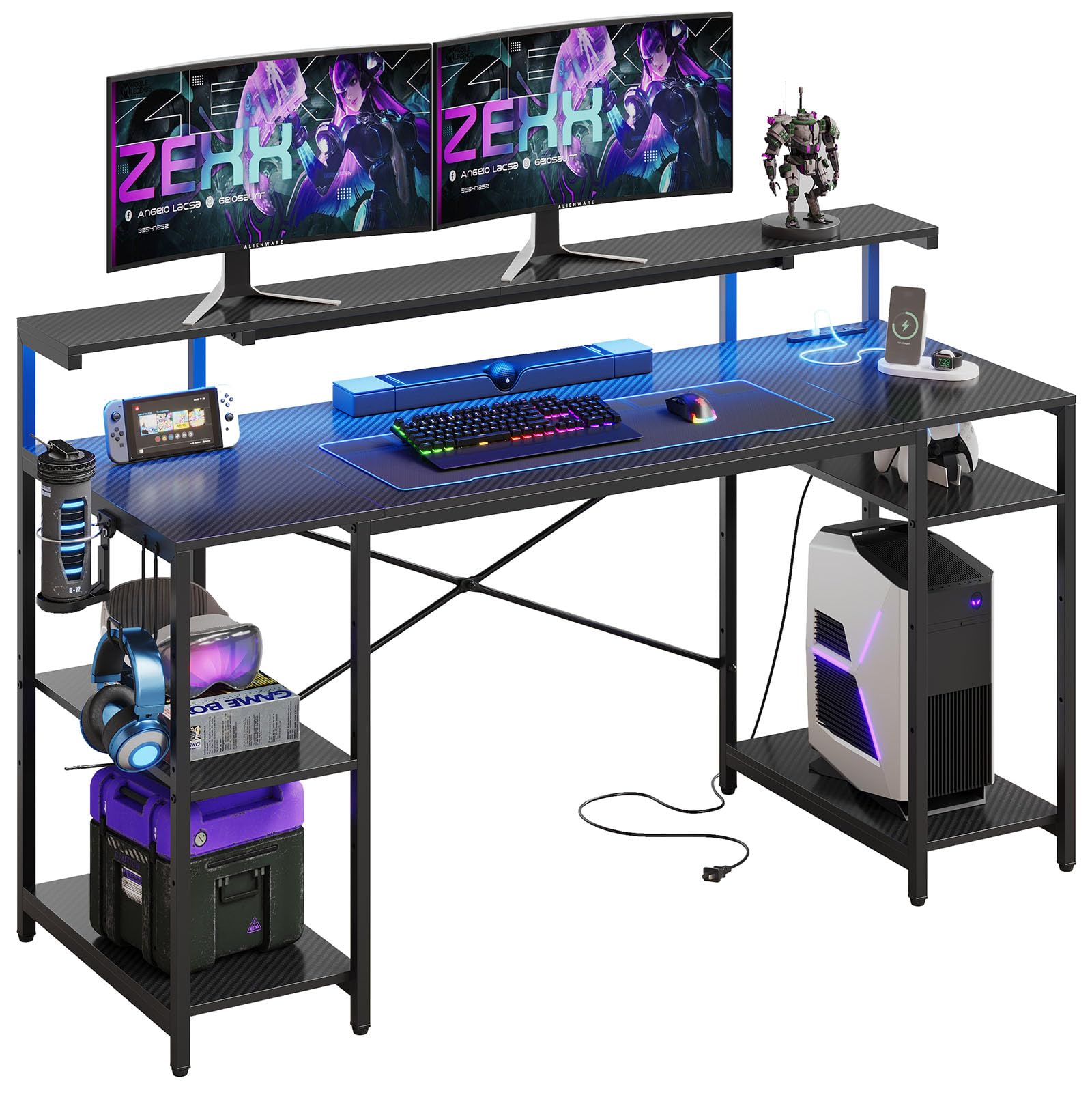 ゲーミングデスク 幅140cm コンセント付き Type-Cポート付きパソコンデスク 机 pcデスク LEDライト・モニター台付き 勉強机 収納ラック付き 作業机 棚板高さ調節可能 45144