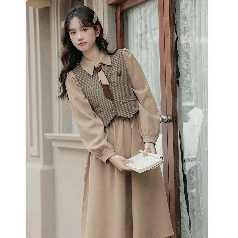 韓国ファッション 新作 運動セット涼しく楽ちんセット春と冬 アカデミア派 通勤 長袖 教師の面接 ベスト着 チョッキ着 ワンピース 2枚重ねのスカート福袋