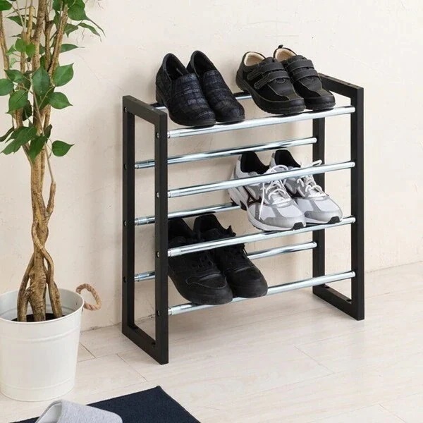 シューズラック スリッパラック 伸縮 ブラック シンプル 連結 スリム 薄型 シューズボックス 下駄箱 靴箱 4段 幅545-935mm