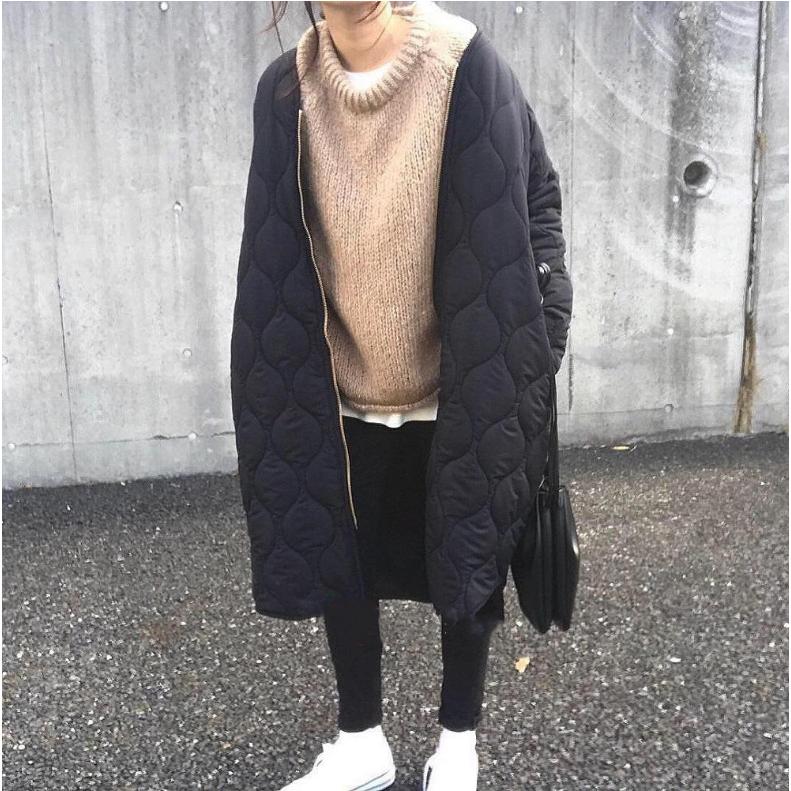 レディースキルティングコートロングコートノーカラージップアップジャケットアウター秋冬韓国ファッション韓国風